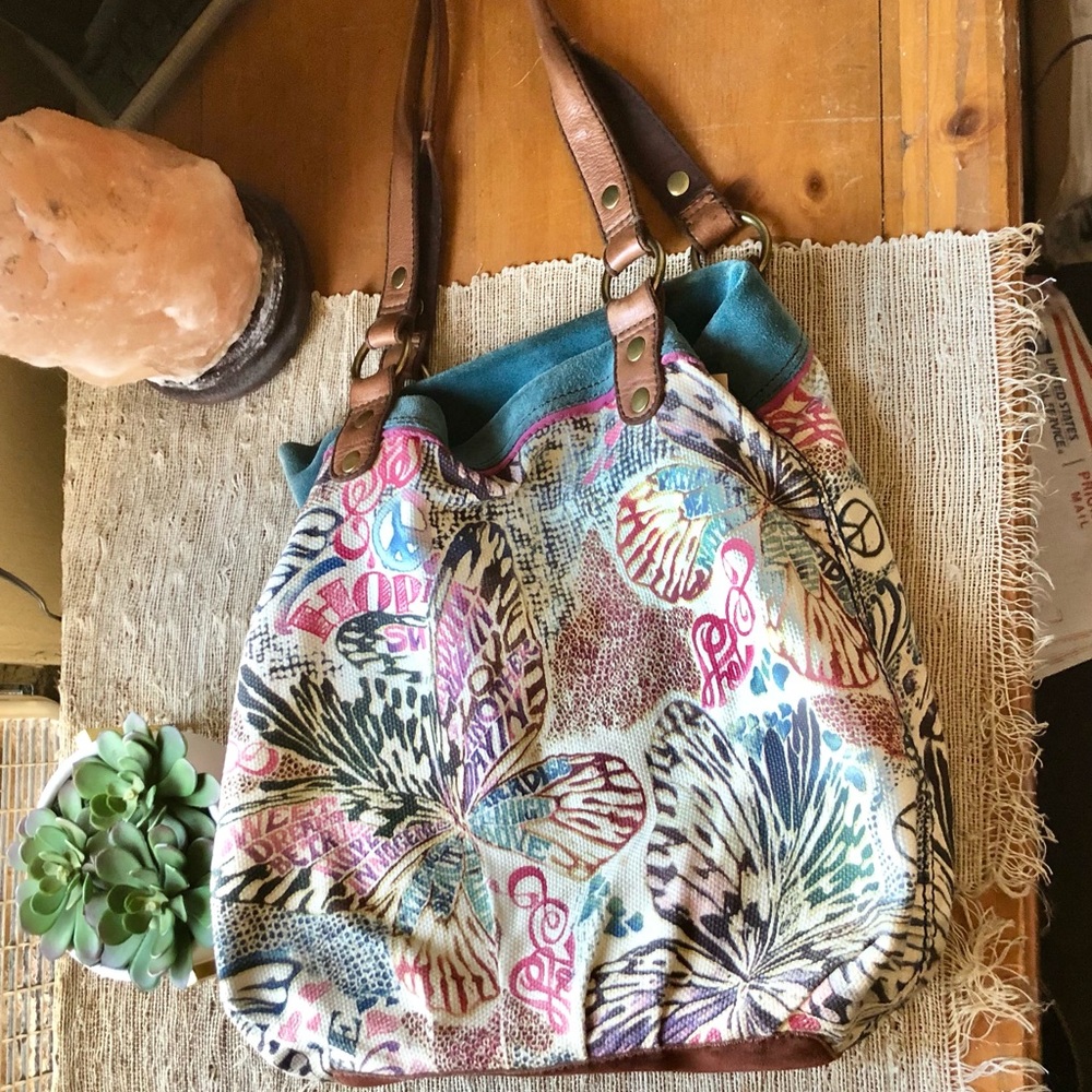 Vintage Lucky Brand Multicolor Butterfly-Print Canvas Tote with Leather Straps